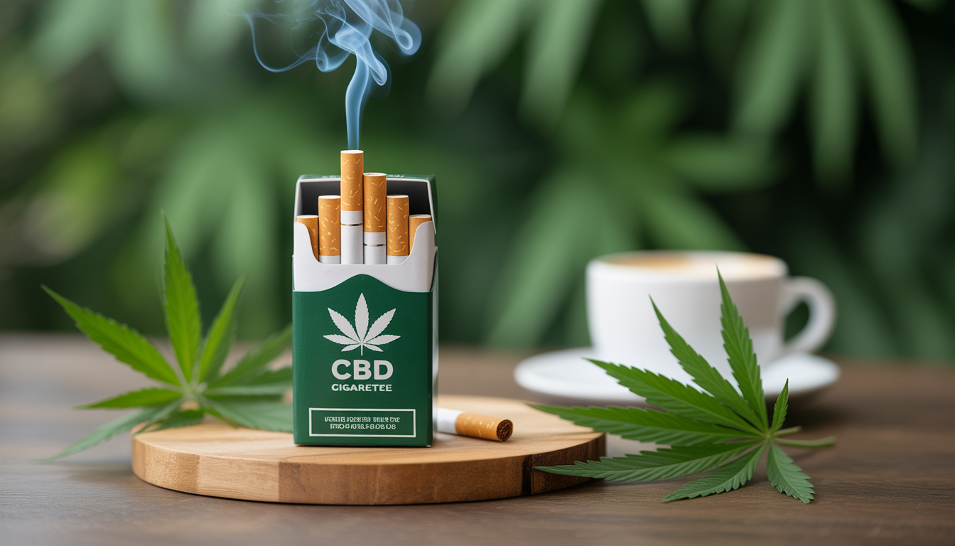 Pack de cigarettes au CBD sur une table en bois avec feuilles de chanvre et tasse de café fumante