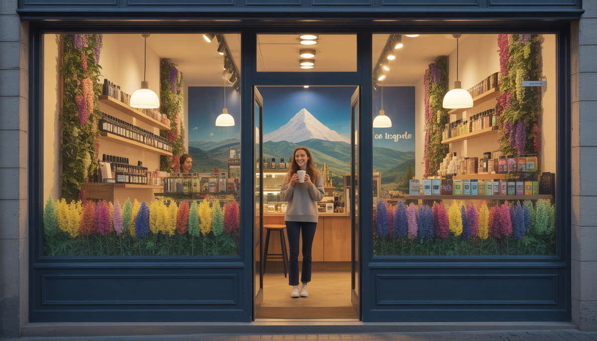 Photo réaliste d’un coffee shop CBD avec vitrine éclairée, fleurs colorées, huiles et client souriant buvant un latte au chanvre, Puy de Dôme en arrière-plan