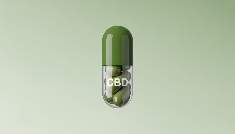Capsule de CBD translucide avec éclat naturel sur fond clair