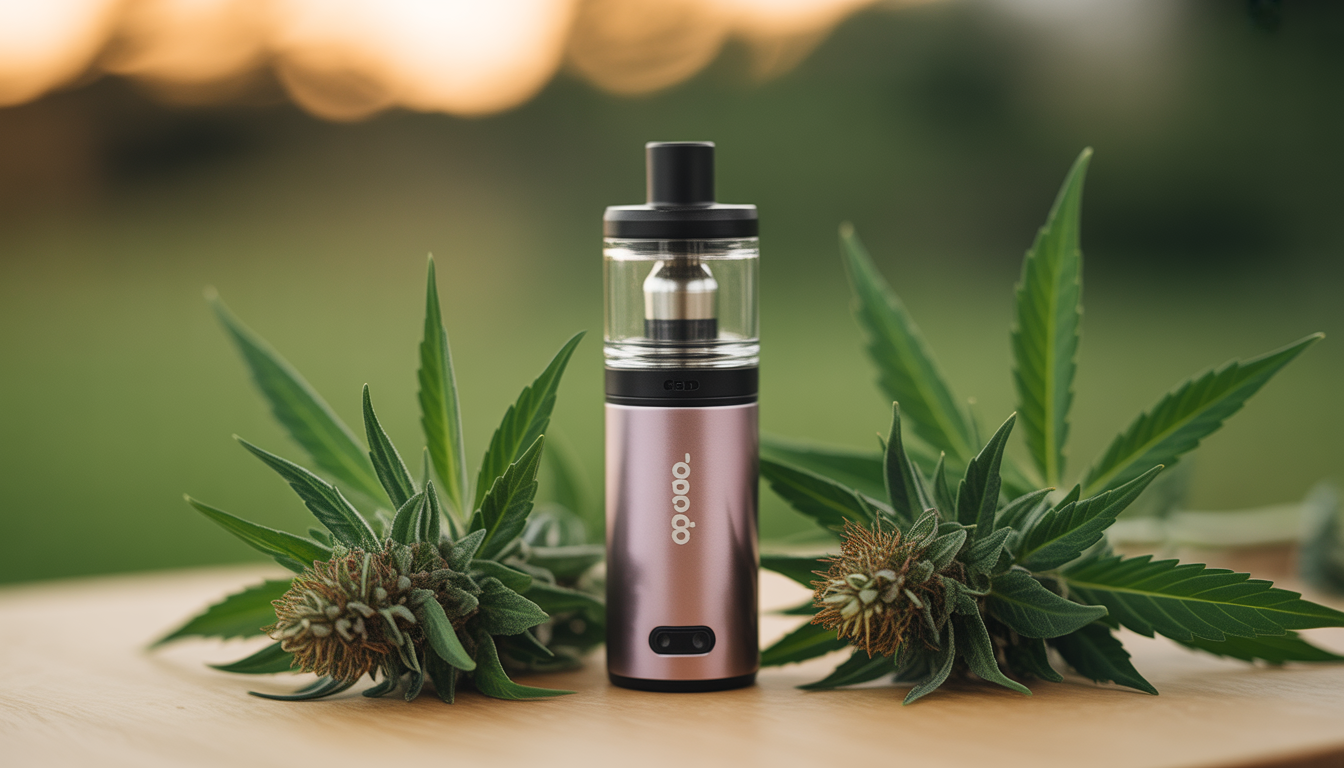 Vaporisateur CBD en aluminium anodisé avec chambre en céramique sur surface en bois, fleurs de CBD à proximité