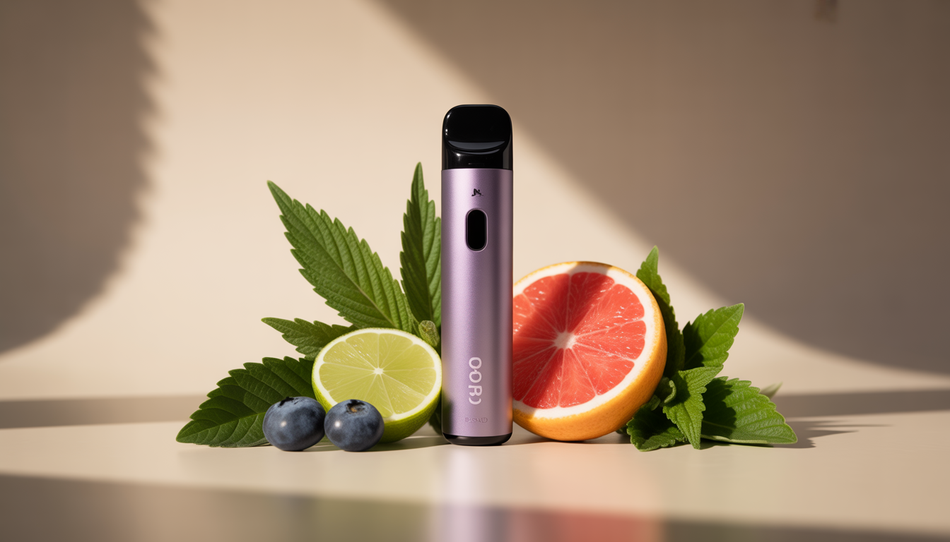 Vape pen CBD compact entouré d'herbes fraîches et de fruits