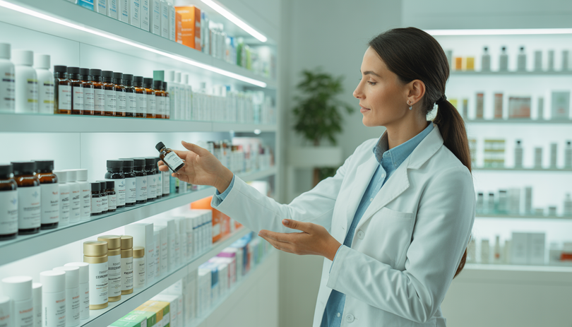 Intérieur d'une pharmacie moderne avec des produits CBD premium exposés sur des étagères blanches épurées, un pharmacien en blouse blanche prodiguant des conseils santé dans une atmosphère lumineuse et rassurante