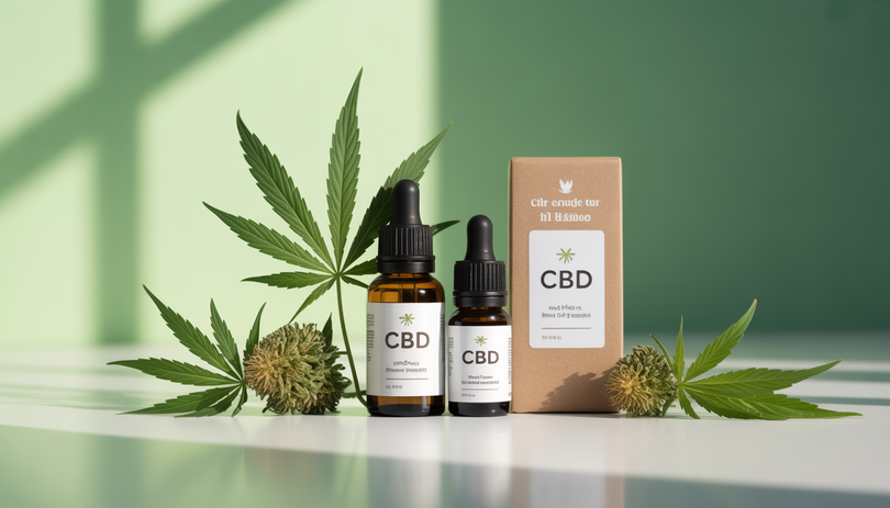 Arrangement de produits CBD Chanvrery avec fleurs de chanvre, flacons d'huile et emballages naturels sur fond vert et blanc épuré
