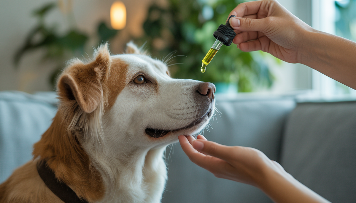 Calm dog receiving CBD oil drops from dropper indoors