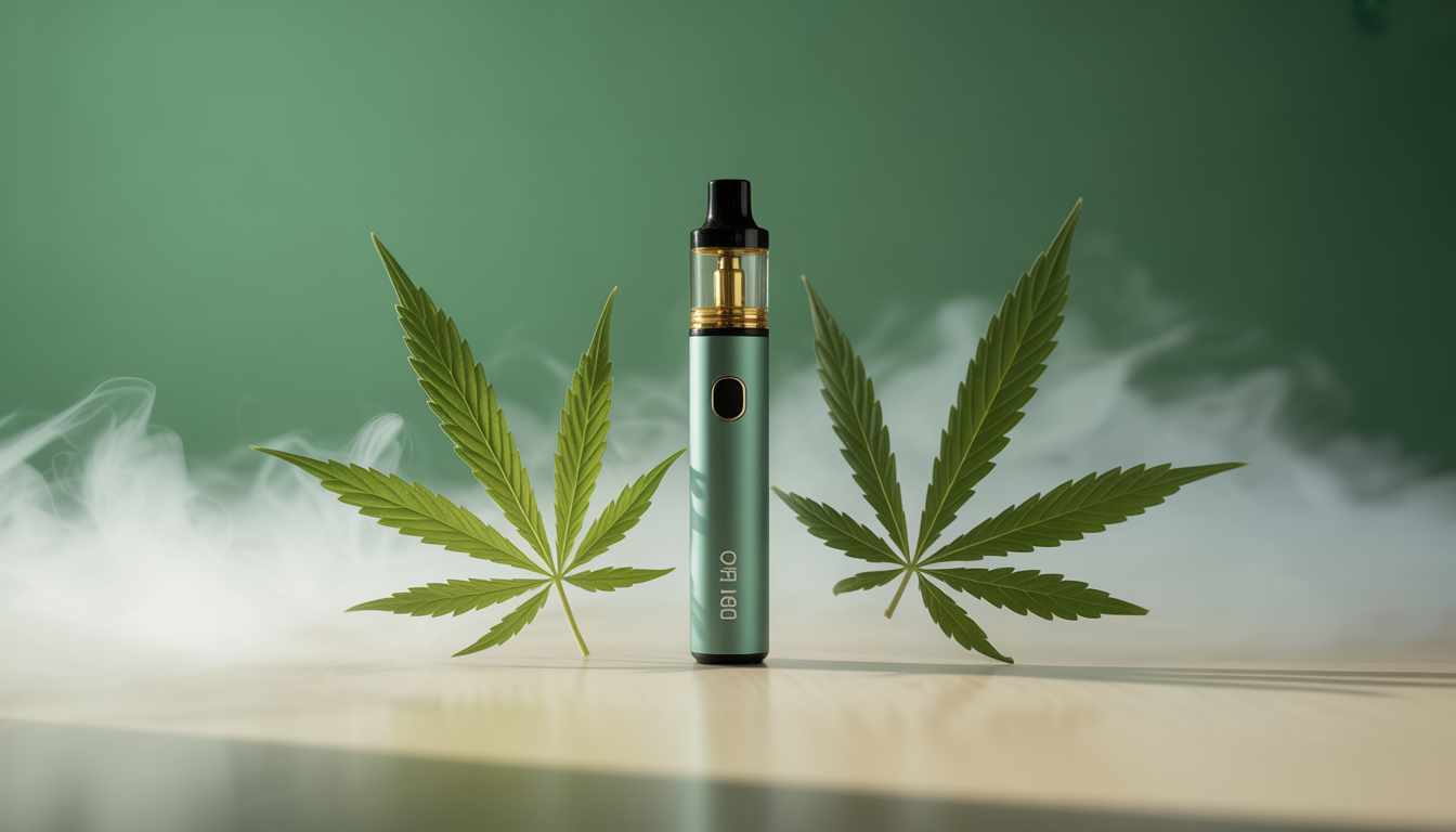 Photo d'un stylo vape CBD sur surface claire entouré de feuilles de chanvre et brume