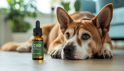 Chien détendu avec flacon d’huile CBD