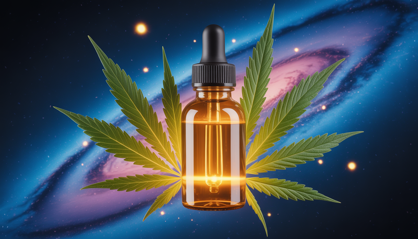 Flacon doré de CBD flottant dans une galaxie bleu et violet avec feuilles de cannabis stylisées
