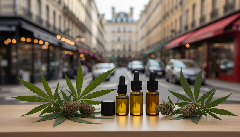 Comptoir d'une boutique CBD à Lyon présentant des fleurs de chanvre, des flacons d'huile CBD et des produits de résine, avec l'architecture lyonnaise en arrière-plan flou, éclairage naturel chaleureux