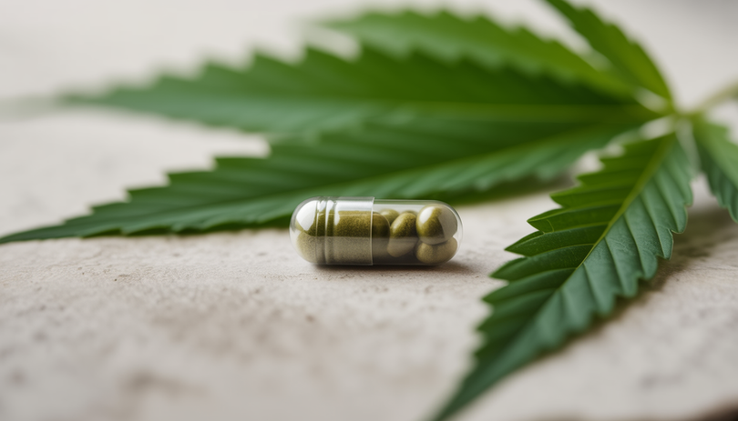 Une capsule CBD posée sur une surface en pierre naturelle entourée de feuilles de chanvre fraîches, photographie produit en macro avec un éclairage naturel doux dans des tons verts et blancs