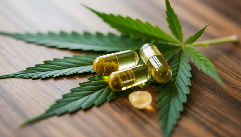 Capsules de CBD dorées sur feuille de cannabis verte avec fond bois