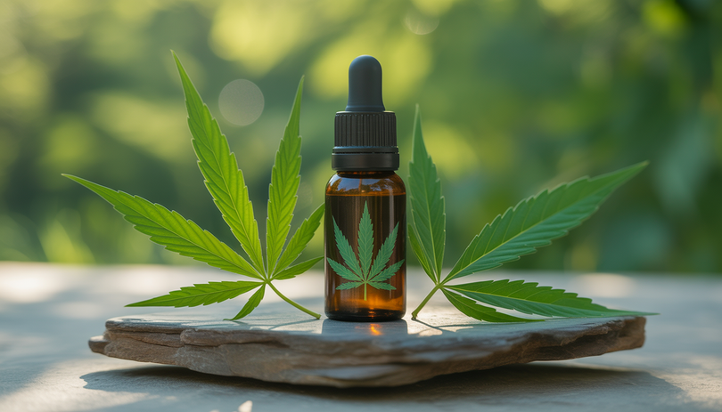 Flacon d'huile CBD premium Chanvrery posé sur une surface en pierre naturelle, entouré de feuilles de chanvre, photographié en lumière naturelle douce avec un arrière-plan bokeh dans des tons verts et terreux