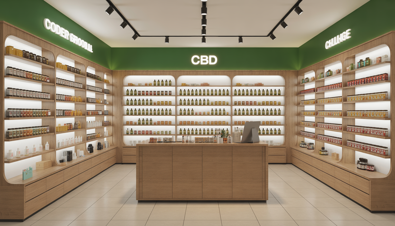 Intérieur lumineux de boutique CBD avec étagères en bois, huiles et cosmétiques