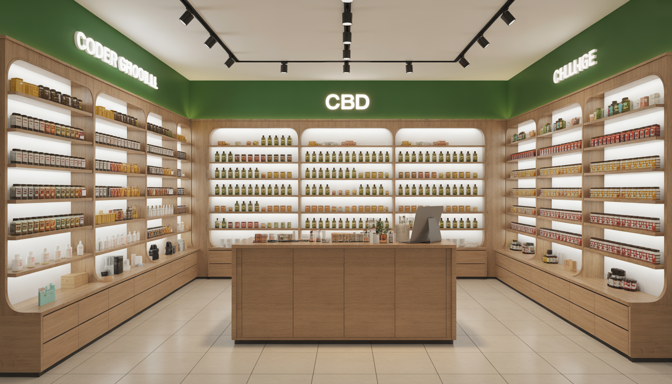 Intérieur lumineux de boutique CBD avec étagères en bois, huiles et cosmétiques