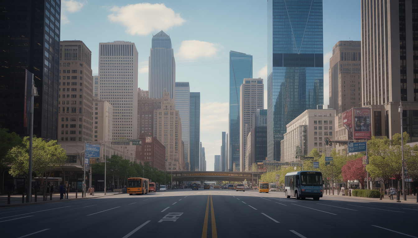 Photographie réaliste du skyline d'un centre d'affaires urbain avec gratte-ciel modernes, rues animées et transports publics