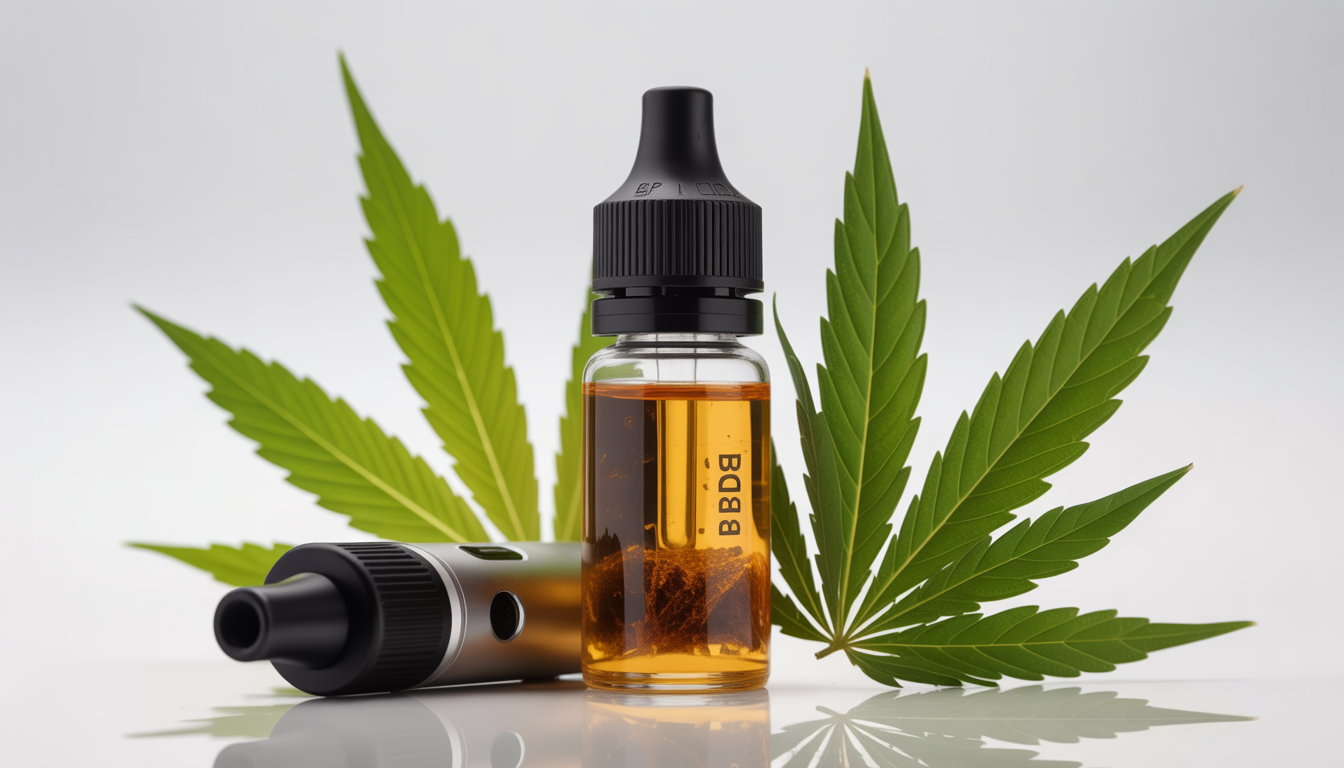 Gros plan d’un flacon d’e-liquide CBD ambré avec cristaux visibles, feuilles de chanvre fraîches et cigarette électronique sur fond blanc