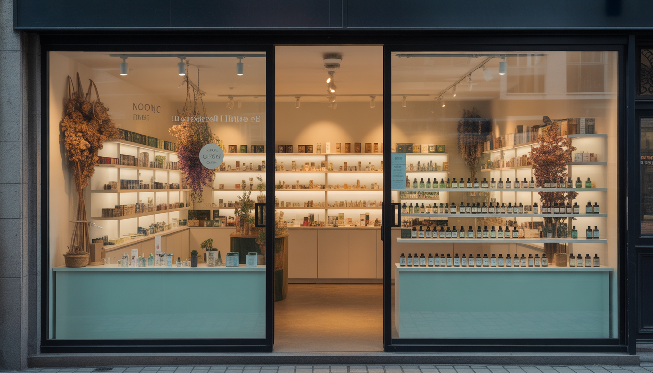 Façade vitrée de boutique CBD avec étagères de produits bien rangés