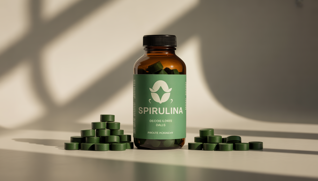 Bouteille écologique en R-PET remplie de comprimés de spiruline sur fond neutre