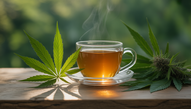 Tasse fumante de tisane au CBD avec feuilles de chanvre et herbes apaisantes sur table rustique