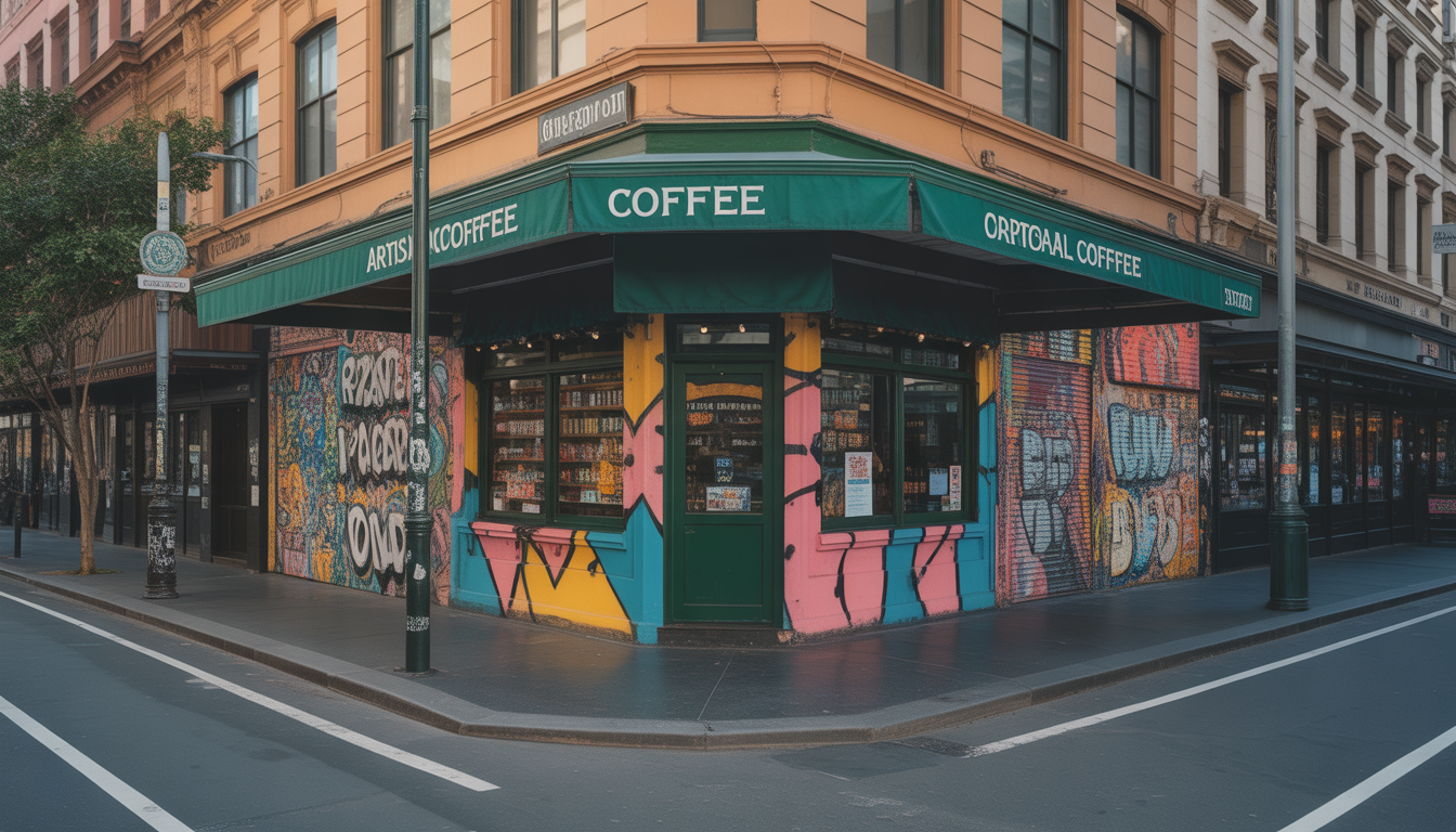 Café artisanal dans une rue animée du centre de Melbourne avec architecture urbaine et graffitis colorés