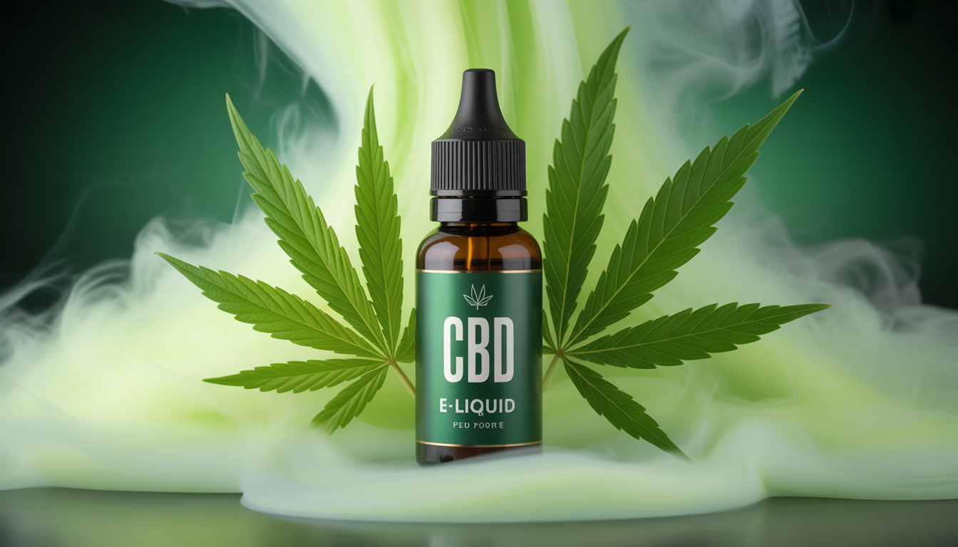 Bouteille de e-liquide CBD élégante avec feuilles de chanvre et vapeur douce