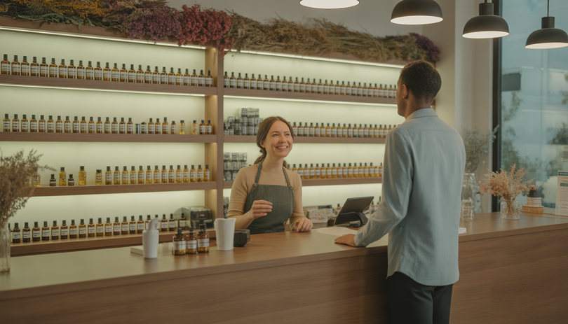 Boutique de CBD moderne avec huiles, fleurs séchées et vendeur souriant