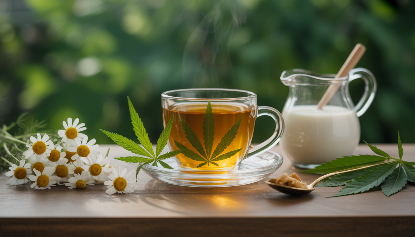 Tasse fumante de tisane au CBD entourée de feuilles de chanvre, fleurs de camomille et lait d’amande sur une table en bois