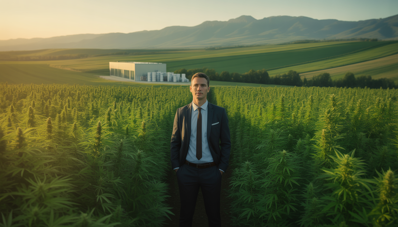 Homme d'affaires confiant en costume debout dans de vastes champs de chanvre au coucher du soleil, avec un laboratoire moderne et des palettes de produits CBD empilées visibles en arrière-plan, paysage européen luxuriant