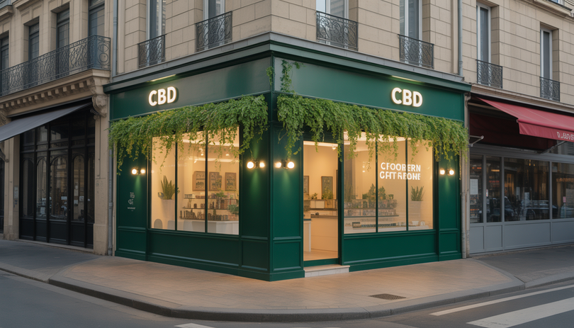 Devanture moderne d'une boutique CBD Chanvrery en centre-ville français, éclairée à la lumière dorée du soir, avec des plantes vertes décoratives et une façade minimaliste épurée