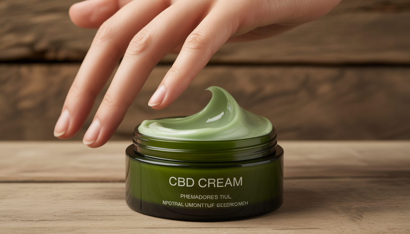 Main féminine appliquant une crème CBD verte sur un visage sec avec un pot élégant de 110ml posé sur une surface en bois naturel