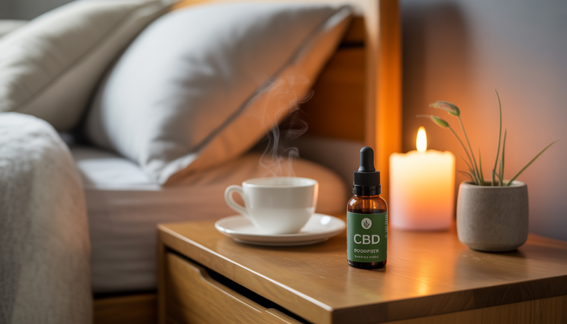 Flacon d'huile CBD avec pipette posé sur une table de chevet en bois, à côté d'une tasse de tisane fumante, éclairage doux à la bougie et lit douillet en arrière-plan flou