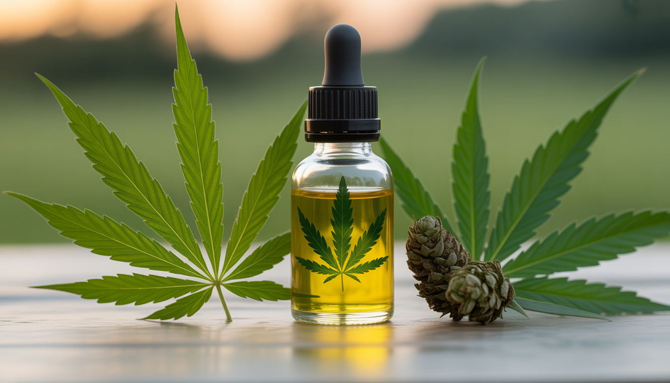 Glass bottle of CBD oil with hemp leaves and botanicals in soft lighting