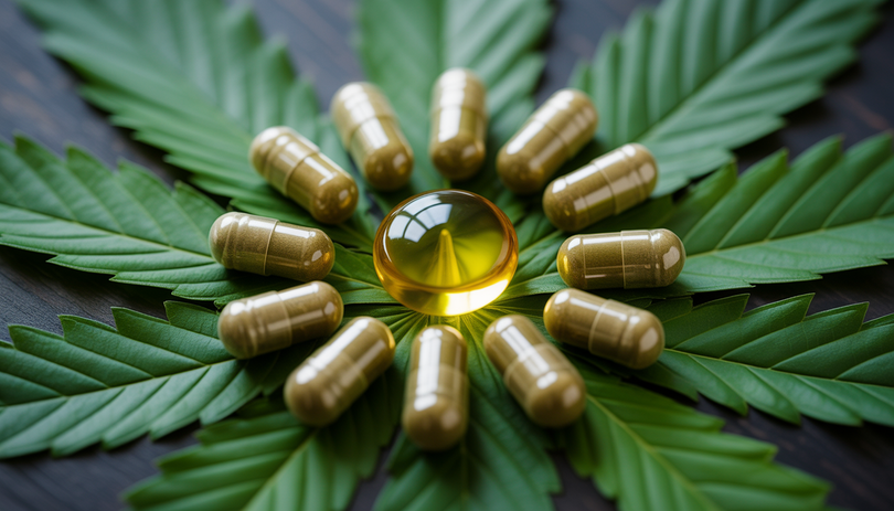 Capsules de CBD disposées en cercle sur une feuille verte de chanvre avec une goutte d'huile dorée au centre