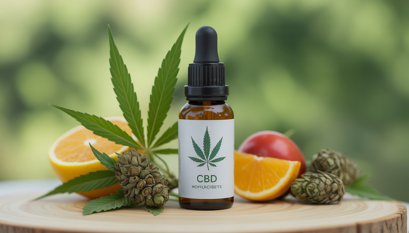 Flacon d'huile CBD élégant posé sur un fond naturel avec éléments de chanvre
