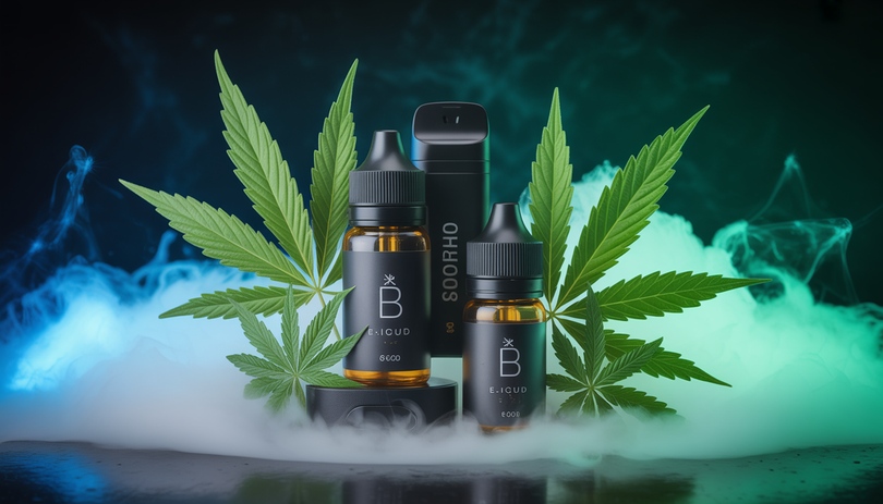 Flacons d'e-liquide CBD et dispositif de vape moderne entourés de feuilles de chanvre et de nuages de vapeur douce, sur fond sombre aux tons bleus et verts, avec détails macro sur les gouttelettes et l'emballage brillant
