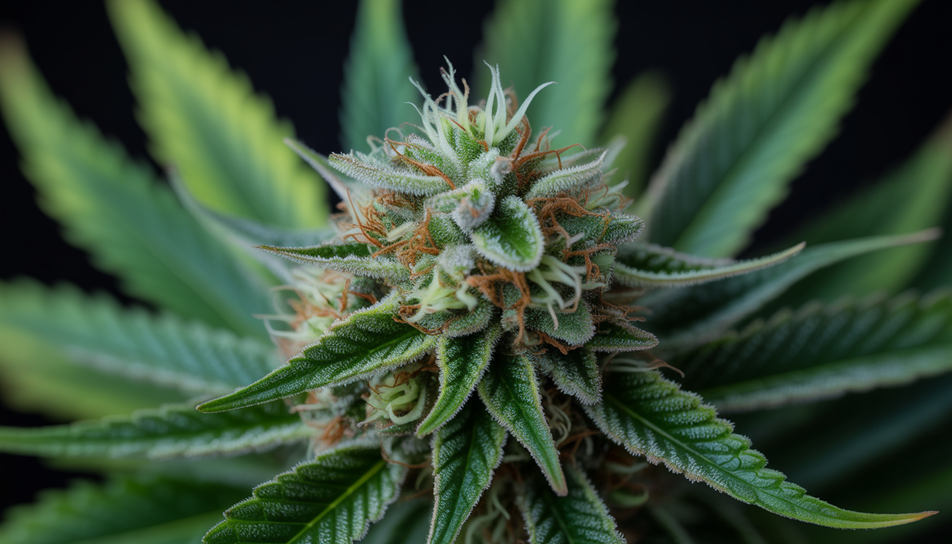 Gros plan d'une fleur de CBD couverte de trichomes scintillants