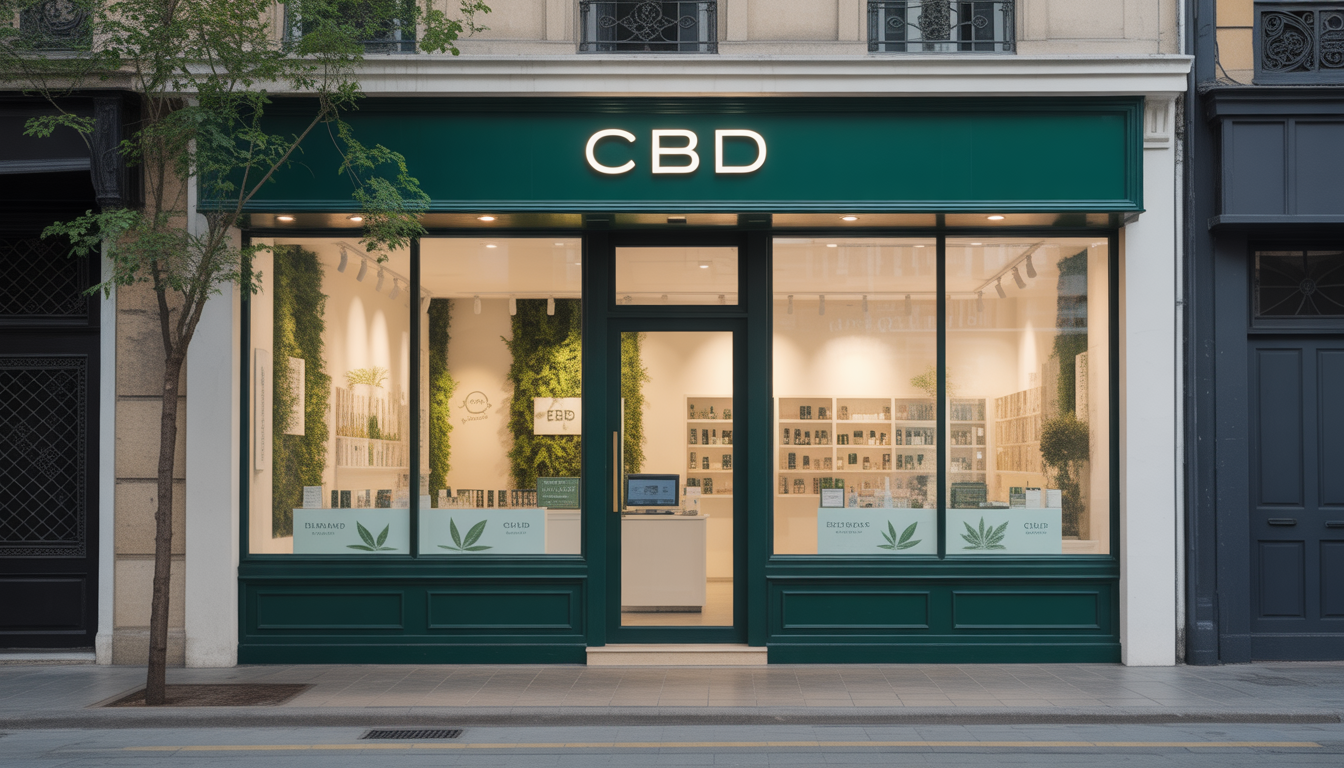 Devanture de boutique CBD moderne avec grandes vitrines et plantes