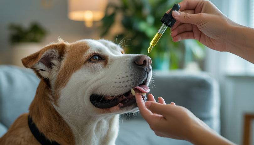 Chien recevant de l'huile de CBD d'une pipette dans un environnement apaisant