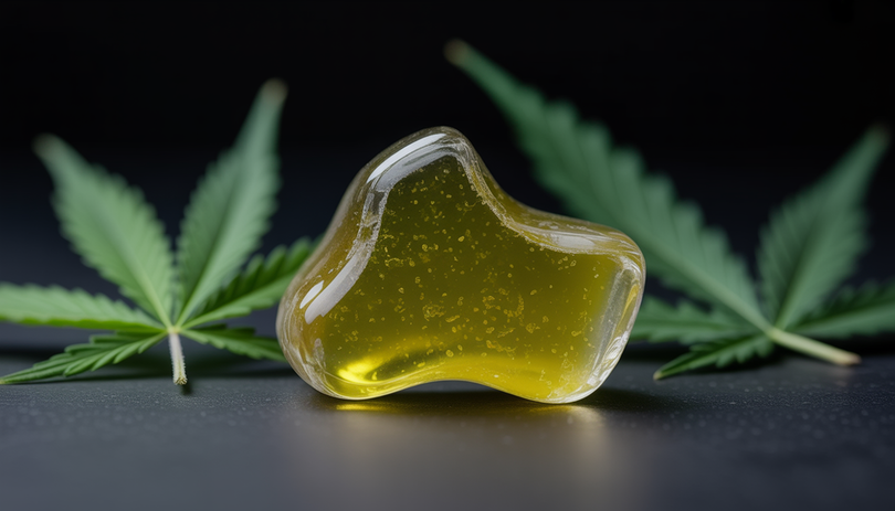 Gros plan macro sur une résine CBD naturelle de Chanvrery, révélant des trichomes visibles et une texture cristalline sur fond sombre neutre avec un éclairage doux diffus
