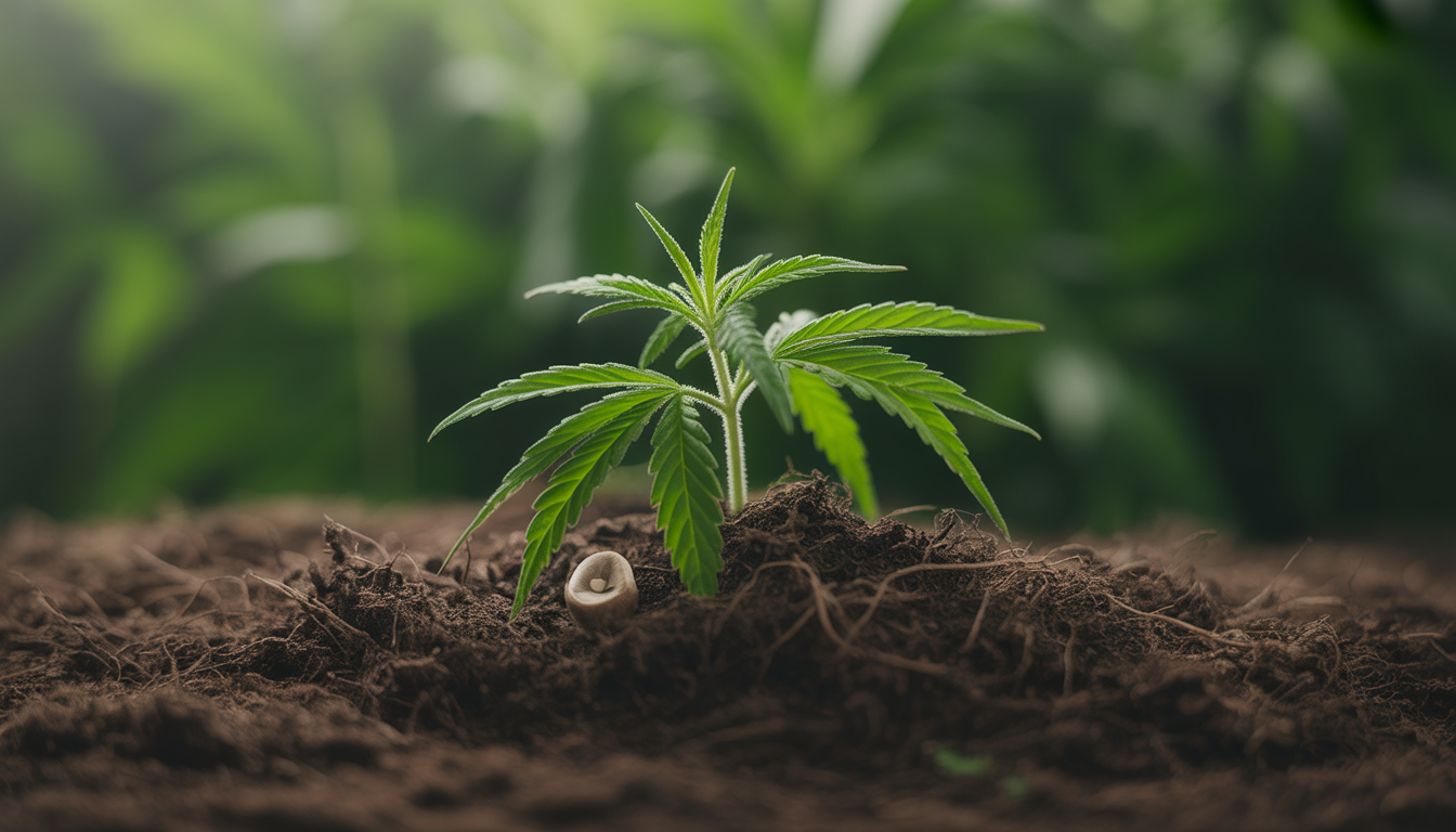 Macro d'une graine de CBD germant sur un sol sombre et humide