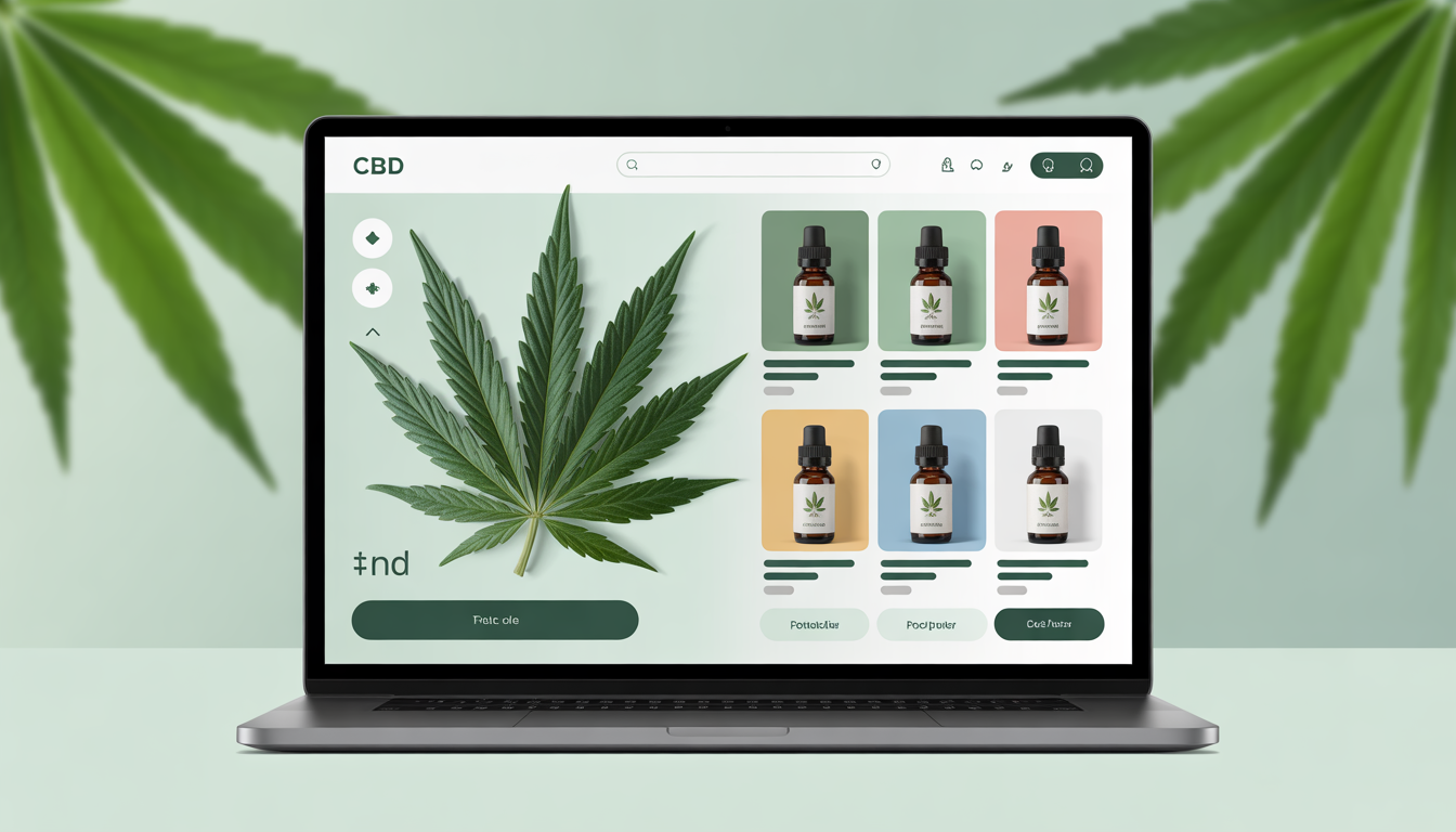 Écran d’ordinateur portable affichant une boutique CBD en ligne au design épuré et naturel