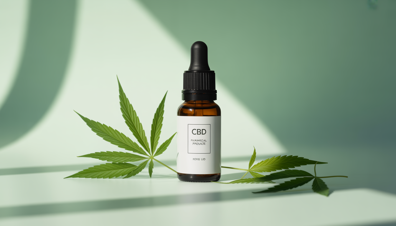 Flacon de produit CBD pharmaceutique premium sur fond blanc épuré, entouré de feuilles de chanvre délicates, éclairage naturel doux, esthétique minimaliste en tons verts et blancs – Chanvrery