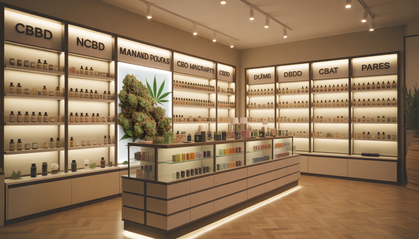 Présentoir coloré de produits CBD dans une boutique à Nîmes