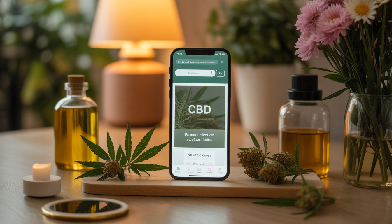 Smartphone affichant un site CBD entouré de produits naturels