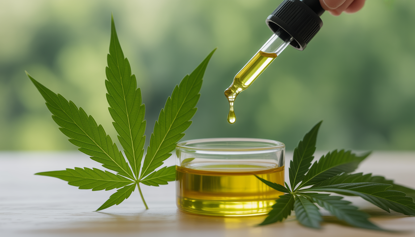 Goutte d'huile de CBD tombant d'une pipette sur fond naturel flou avec feuilles de cannabis