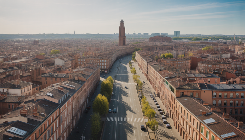 Photo urbaine de Toulouse mêlant bâtiments anciens et modernes
