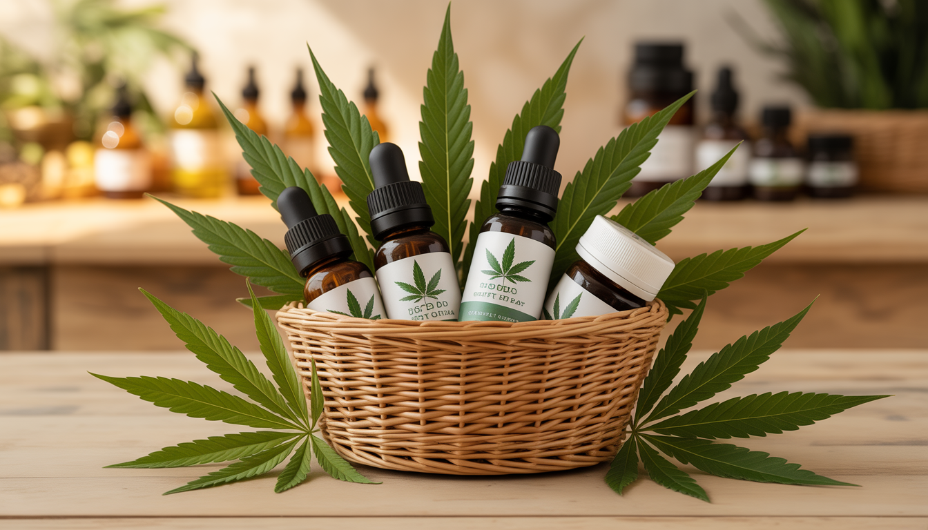 Panier de produits CBD variés entouré de feuilles de chanvre sur une table en bois clair