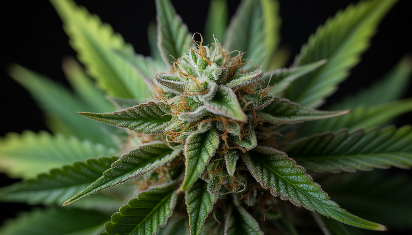 Close-up of dense CBD flower showing trichomes and resin crystals under natural light