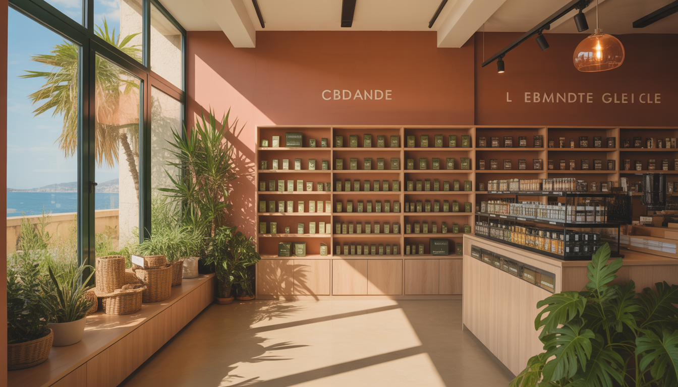 Intérieur moderne d'une boutique CBD à Marseille avec des produits au chanvre exposés sur des étagères en bois, lumière méditerranéenne chaleureuse, tons terracotta et vue sur la mer
