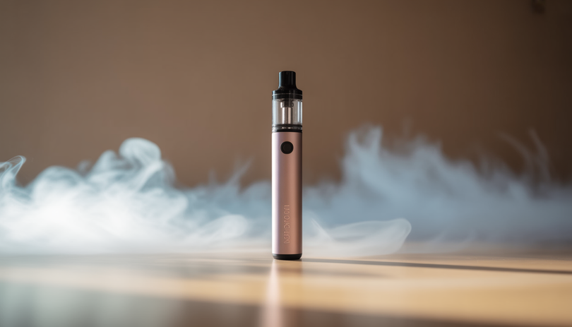 Stylo vape CBD moderne sur fond neutre avec légère vapeur en arrière-plan, composition minimaliste aux tons froids