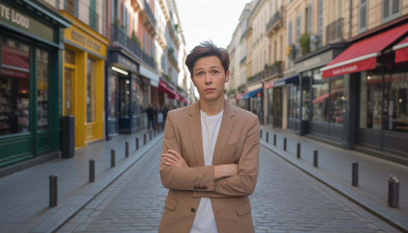 Une personne aux bras croisés, l'air hésitant, se tient devant plusieurs boutiques CBD dans une rue pavée d'une ville française, avec une architecture européenne en arrière-plan et une lumière naturelle chaleureuse.